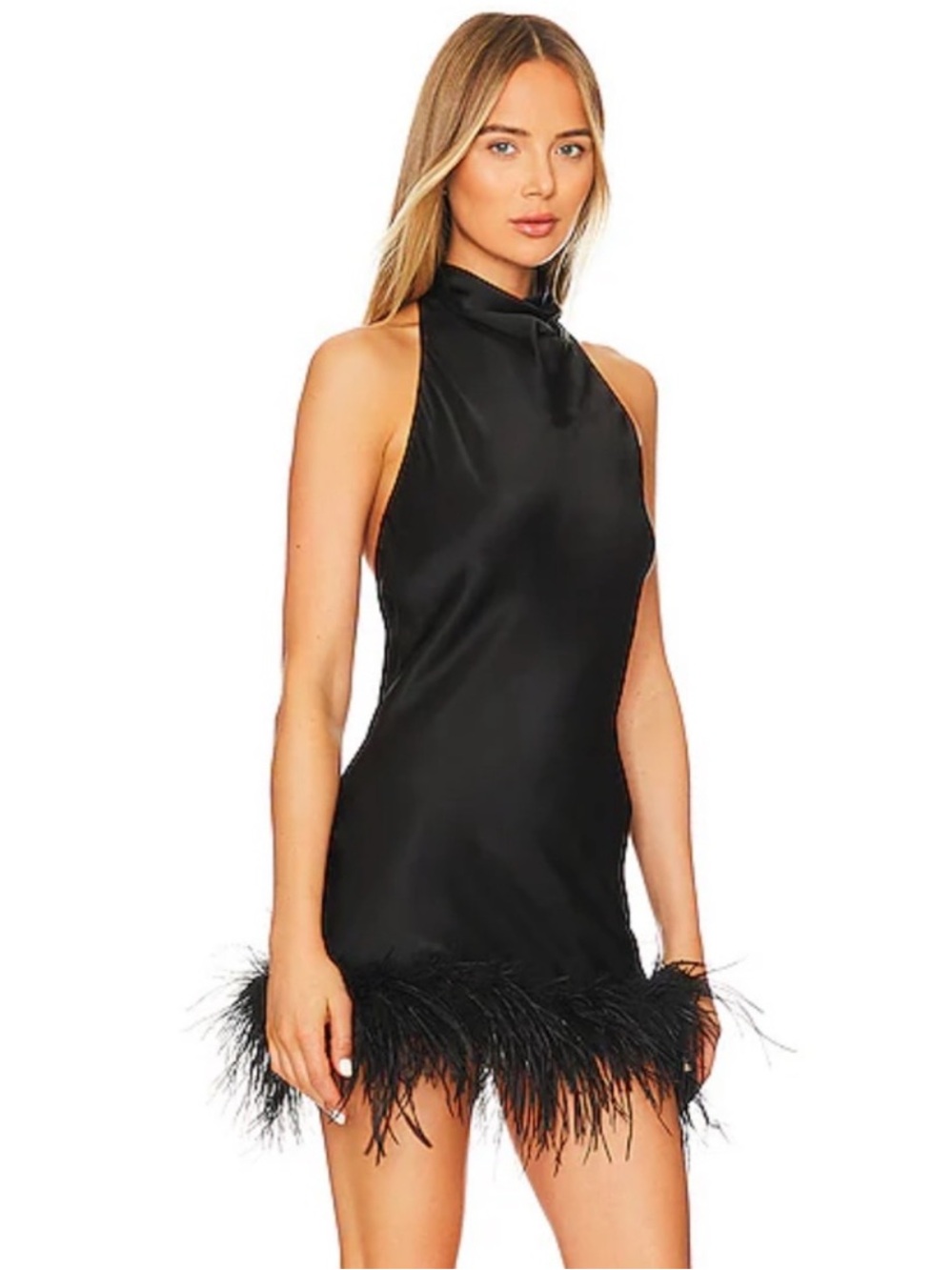 Amanda Uprichard Lunaria Black Feather-Trim Silk Halter Dress XS